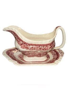 Vintage Franciscan Pink Vista Gravy Boat & Underplate England Red Transferware